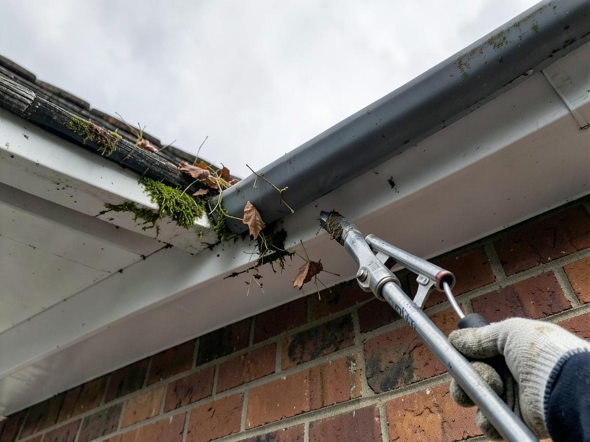Blocked house gutter being cleared of moss and leaves