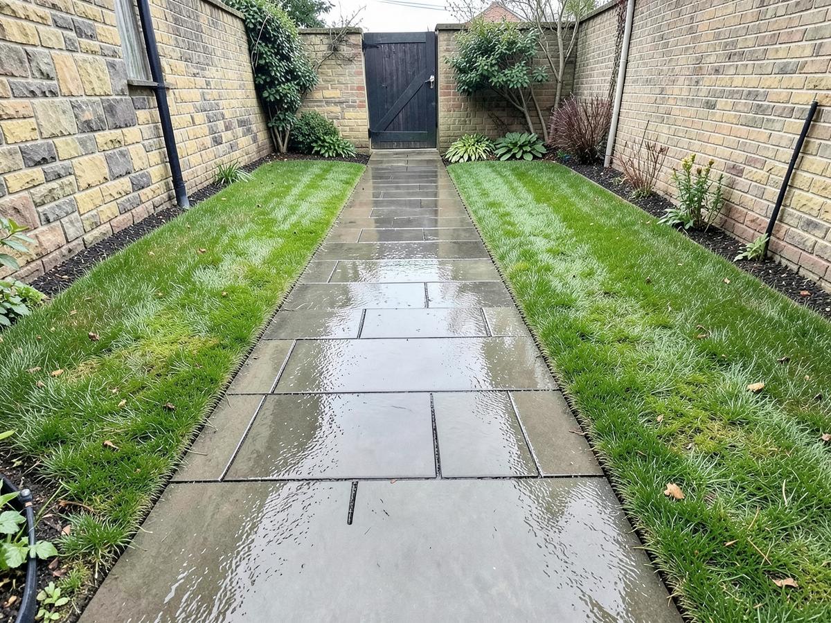 Freshly pressure washed garden pathway between two lawns